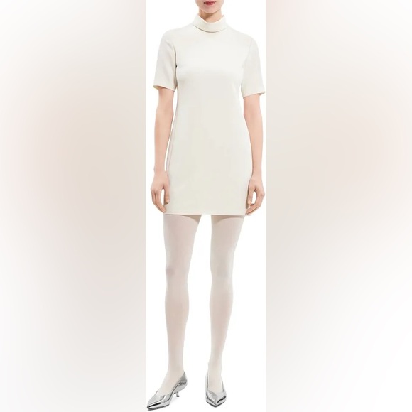 Theory Mini Roll Neck Dress in Admiral Crepe Cream Short Sleeve Dress Womens 10 - Picture 11 of 11